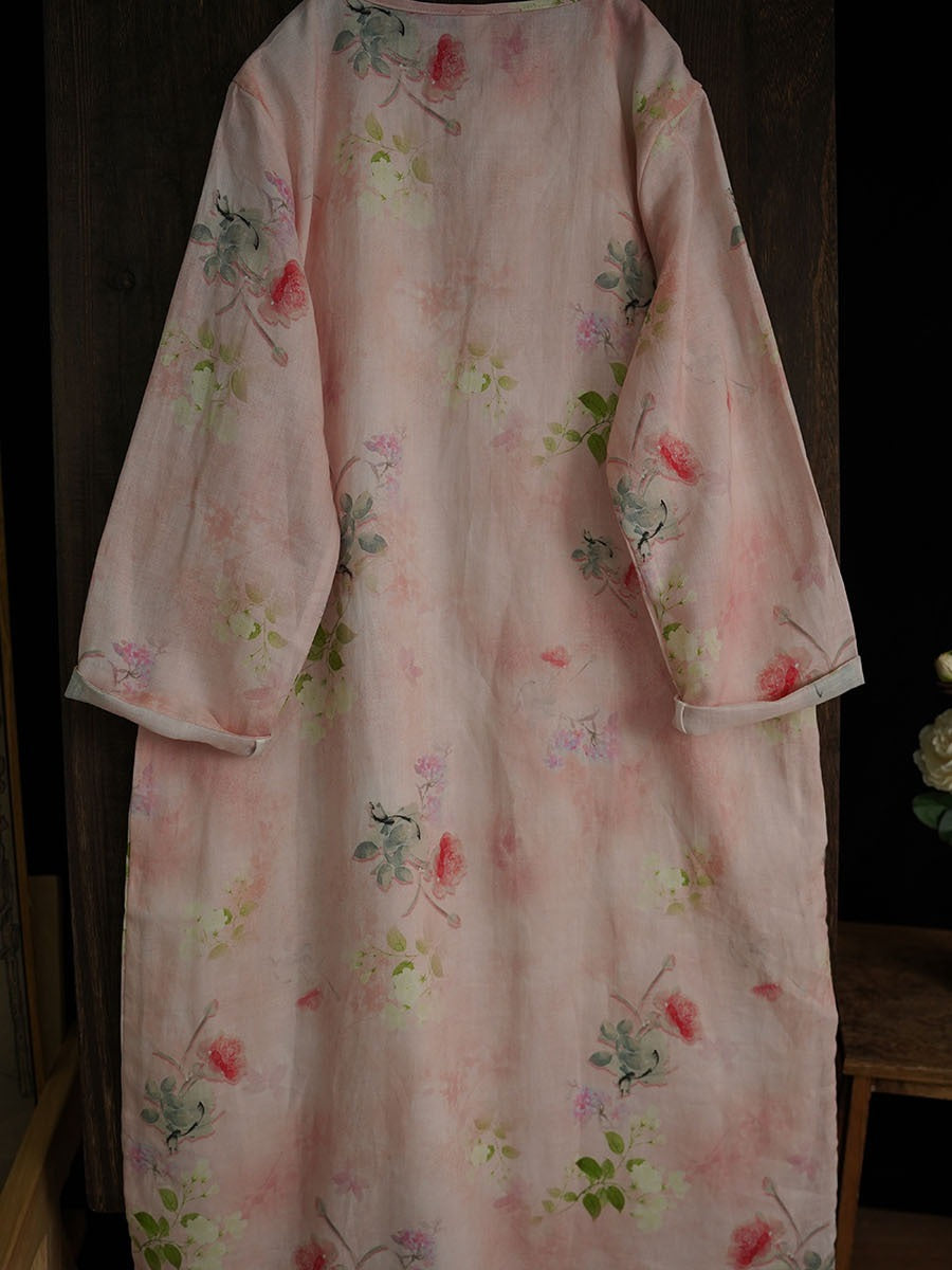 Robe d'été à imprimé floral artistique en ramie à double épaisseur pour femme PA1014