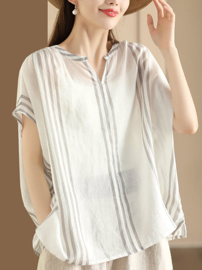 Women Summer Artsy Stripe V-Neck Thin Linen Shirt CV1053