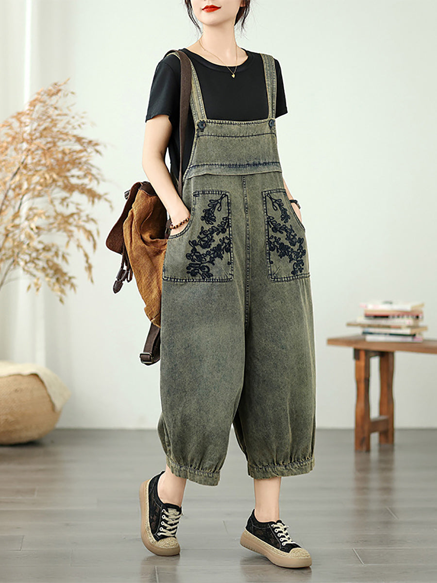 Lange Overalls Frauen Blume Stickerei Denim Sommer