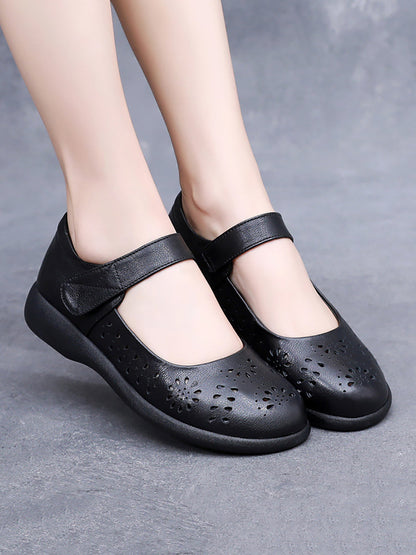 Women Summer Artsy Solid Leather Cutout Flat Shoes FG1024