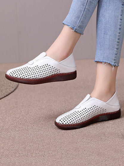 Women Summer Solid Casual Leather Cutout Flat Shoes HH048