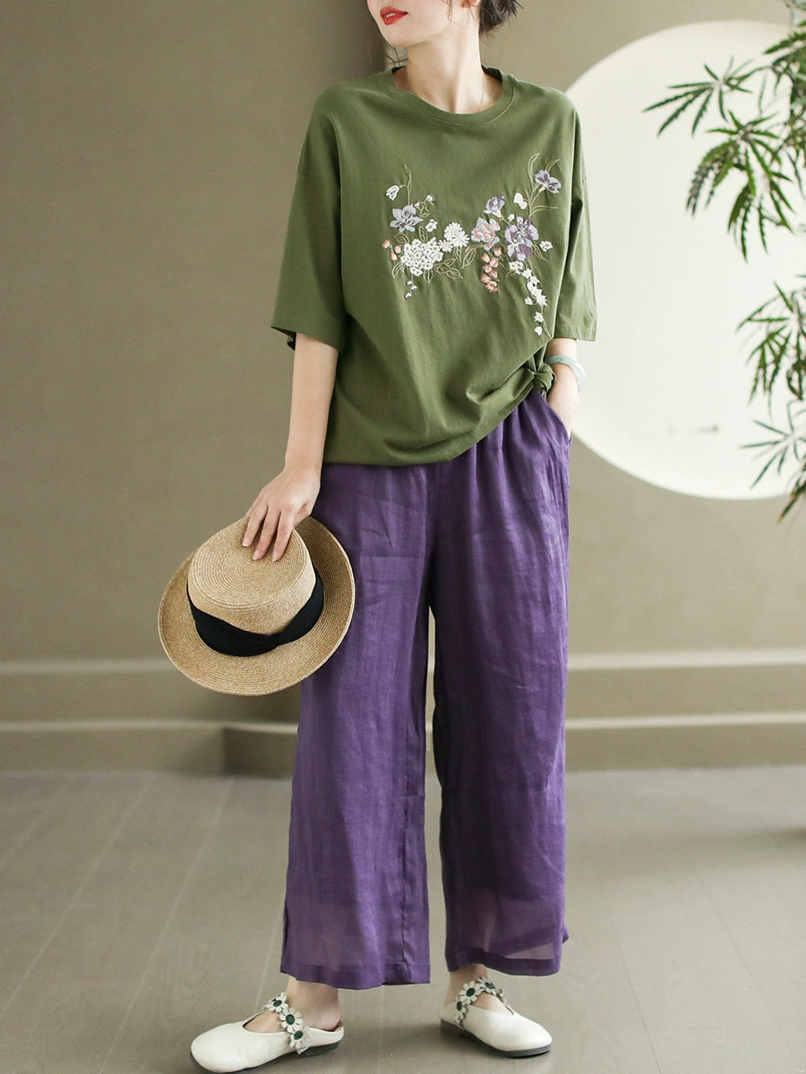 Women Summer Flower Embroidery Cotton O-Neck Shirt AS1007