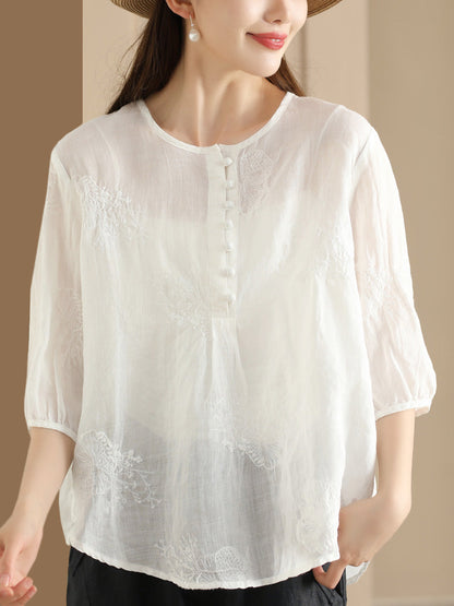 Women Summer Artsy Embroidery Ramie Shirt TY1020