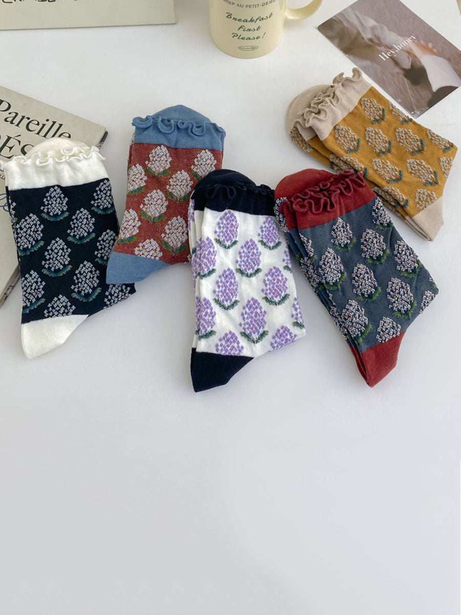 Lot de 5 paires de chaussettes en coton à imprimé floral artistique pour femme AV1043