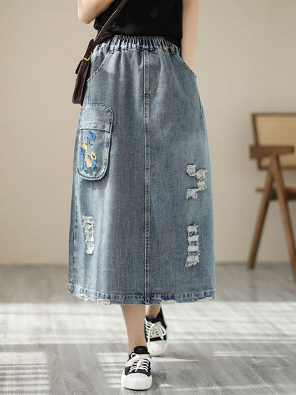 Women Summer Flower Embroidery Frayed Denim Skirt AS1041