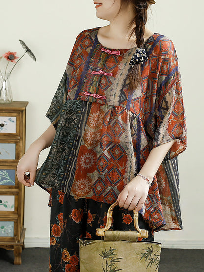 Women Summer Ethnic Flower Buckle O-Neck Ramie Shirt CX055