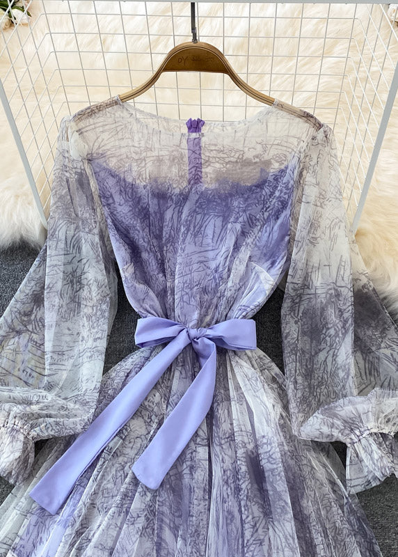 Purple O-Neck Bow Tulle Long Dress Puff Sleeve AJ1038