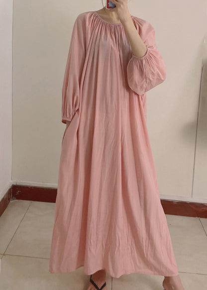 Women Pink Wrinkled Pockets Maxi Dress Long Sleeve TT1044