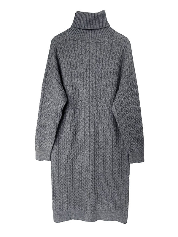 Casual Grey High-Neck Long Sleeve Twist Knit Dress AN1053