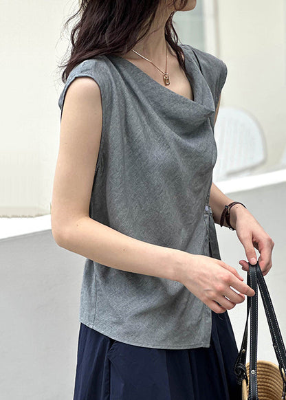 New Grey Asymmetrical Button Cotton Top Summer AF1039