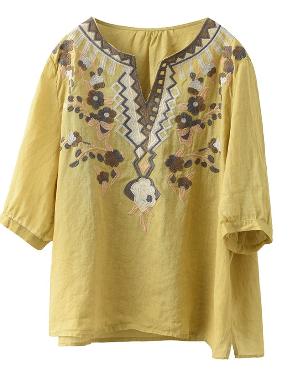 Frauen Sommer Ethnische Blume Stickerei Ramie Shirt TY1006