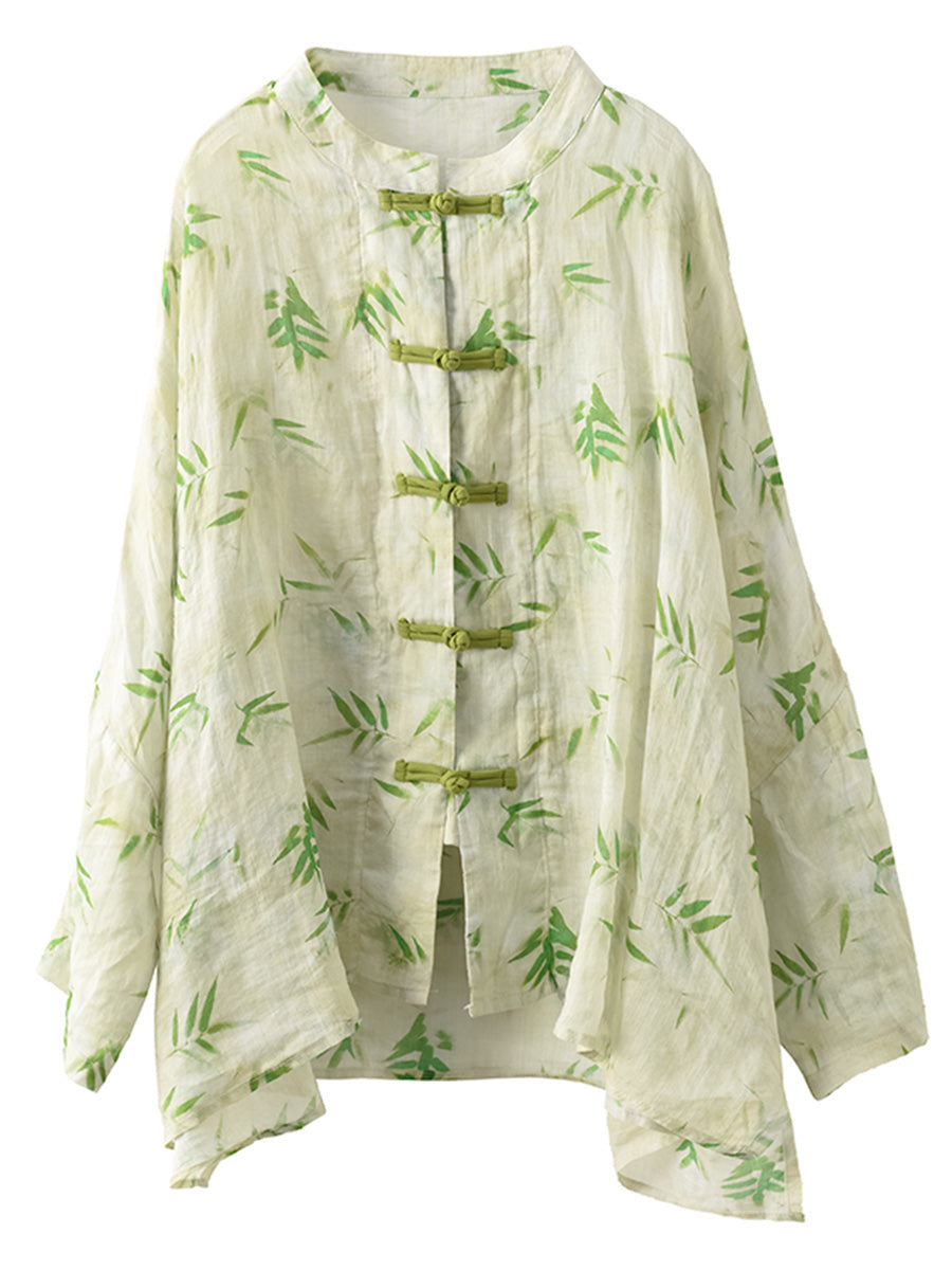 Chemise d'été boutonnée en ramie à fleurs artistiques pour femmes HH016