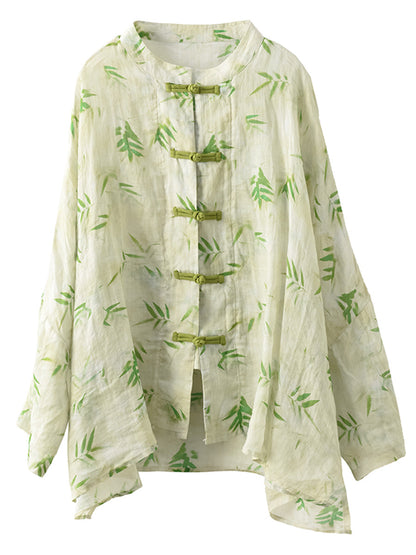 Women Summer Artsy Flower Button-Up Ramie Shirt HH016