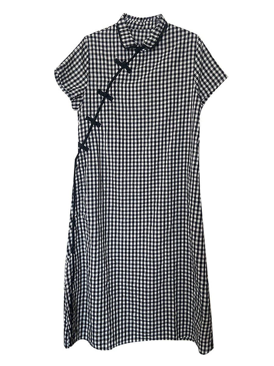 Plus Size Women Summer Vintage Plaid Frog Loose Dress WE1031