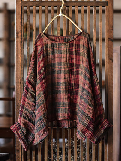 Women Spring Linen Retro Plaid Loose Shirt RR008