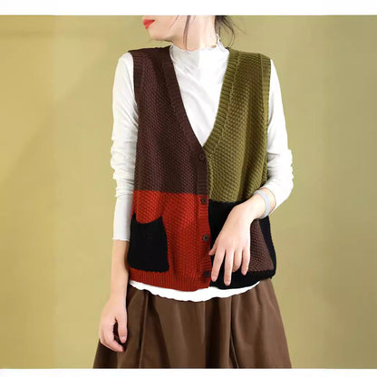 Women Autumn Colorblock Knitted V-Neck Vest CV1029