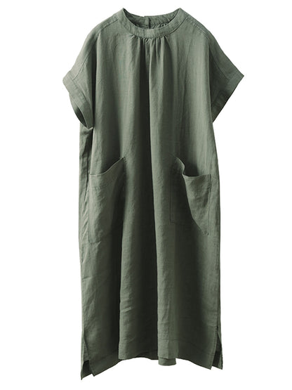 Women Summer Casual Solid Pocket O-Neck Linen Dress FD002