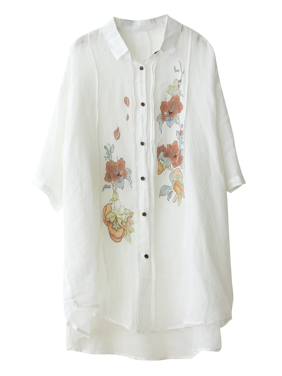 Chemise d'été en ramie à boutons et fronces pour femme, motif floral artistique LL041