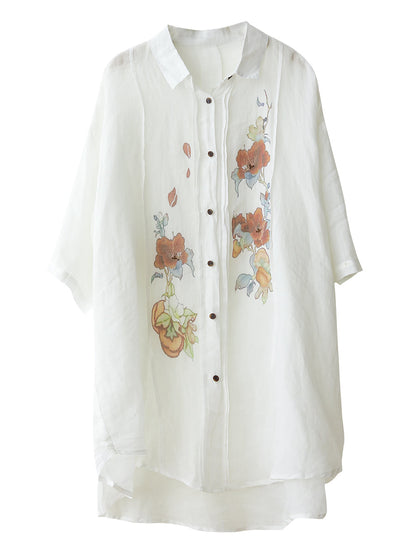 Women Summer Artsy Flower Shirred Button-up Ramie Shirt LL041