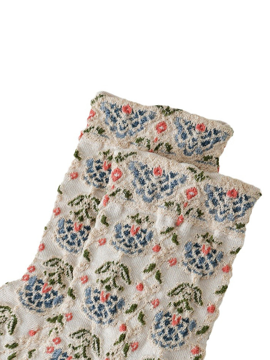 Lot de 5 paires de chaussettes en coton jacquard floral artistique pour femmes AS1030