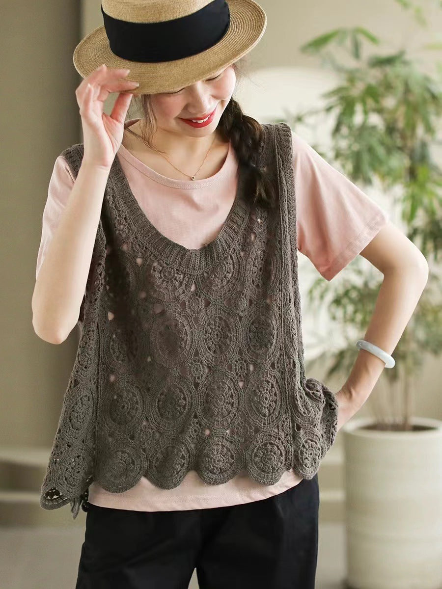 Women Artsy Knitted Cutout V-Neck Vest AS1046