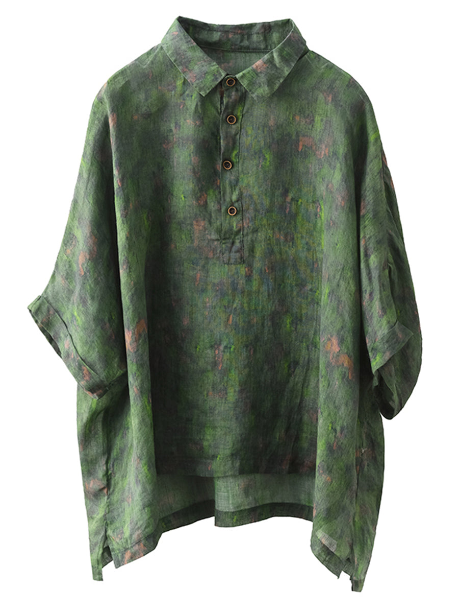 Damen Sommer Vintage Batik-POLO-Ramie-Shirt OO1045