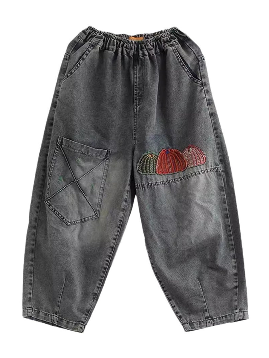 Damen Sommer Lässige Stickerei Denim Haremshose CV1047