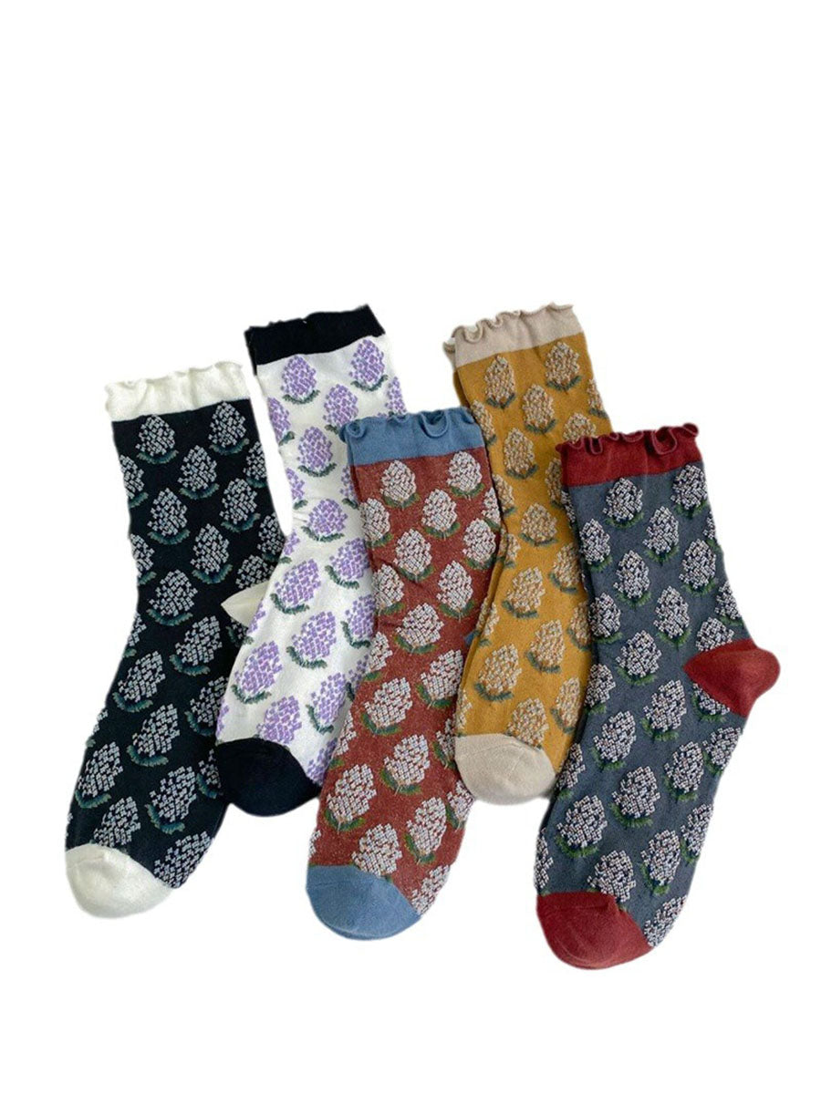 Lot de 5 paires de chaussettes en coton à imprimé floral artistique pour femme AV1043