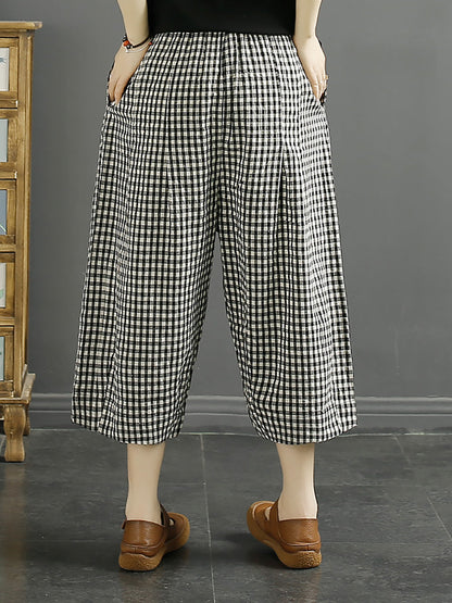 Plus Size Women Casual Summer Plaid Cotton Pants XX1032