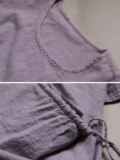 Women Spring Vintage Purple Drawstring Cotton Shirt SC1018