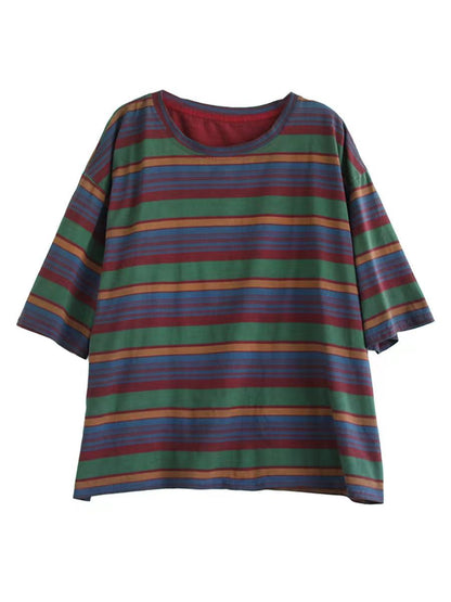 Women Casual Stripe Summer O-Neck Cotton Shirt XX1010