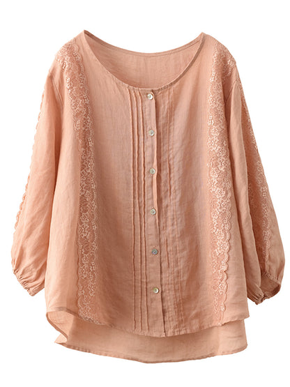 Women Summer Artsy Lace Spliced Ramie Button-Up Shirt II1020