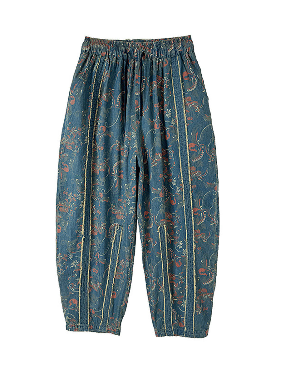 Denim Patchwork Hosen Harem Frauen Retro Blume 