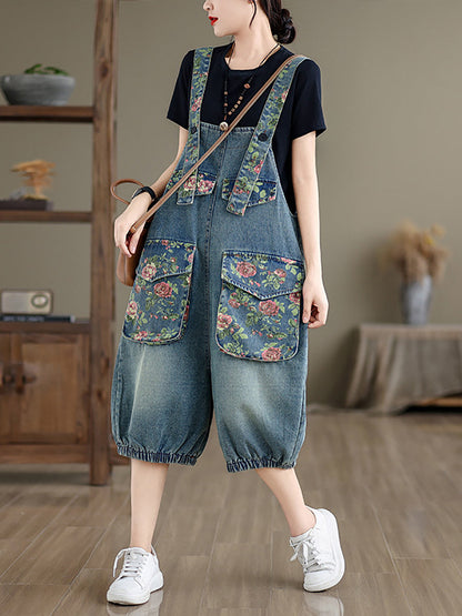 Women Summer Retro Flower Spliced Denim Jumpsuits BN1030