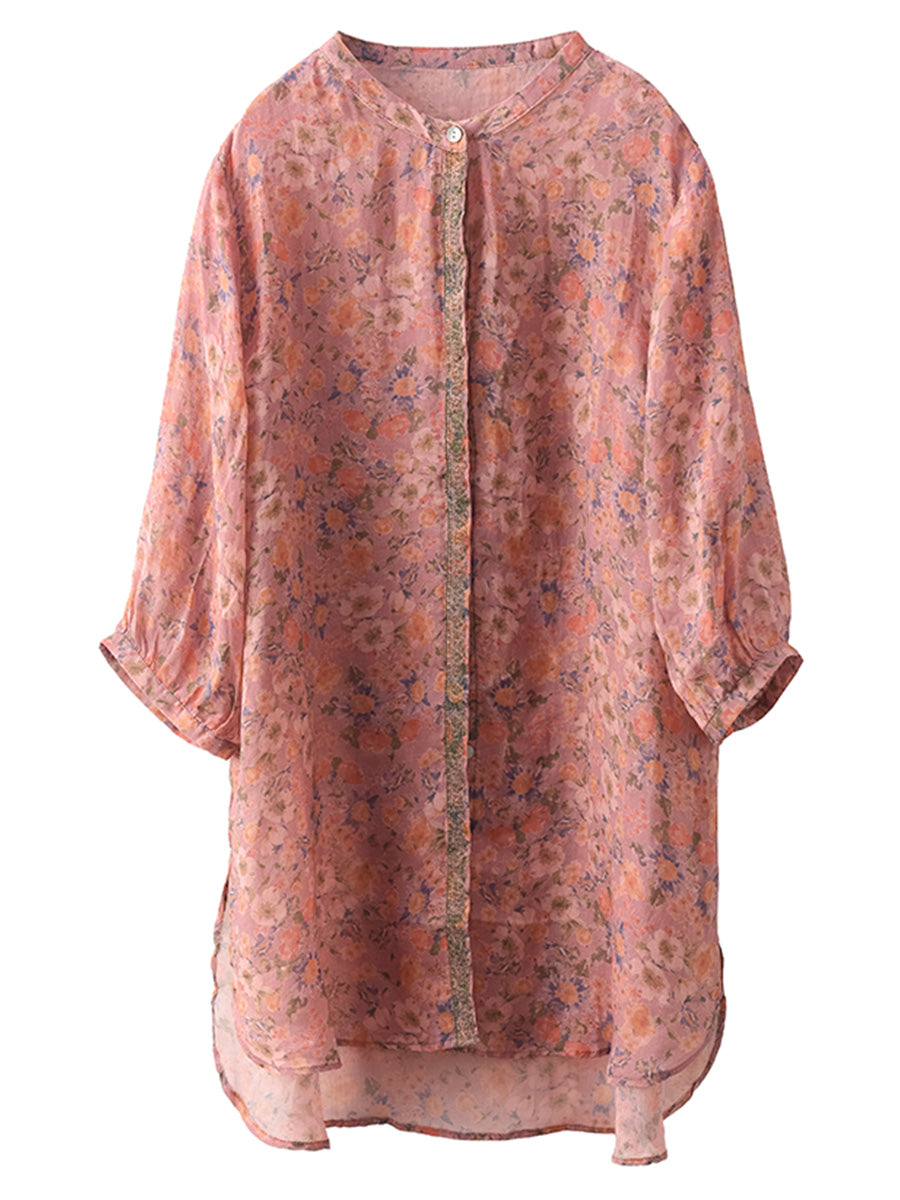 Damen Sommer Artsy Floral Spliced ​​Ramie Longshirt BN1007