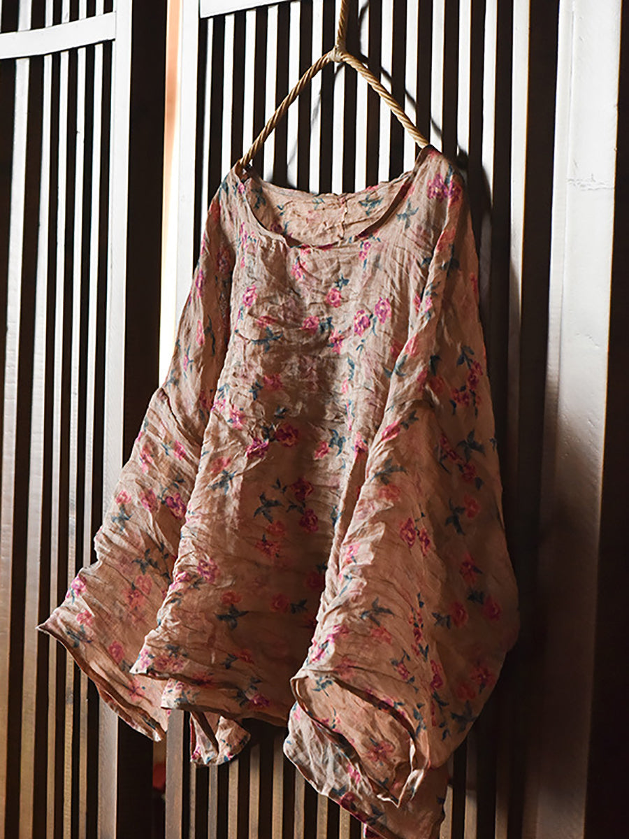 Women Summer Vintage Floral Ramie Thin Shirt WE1046