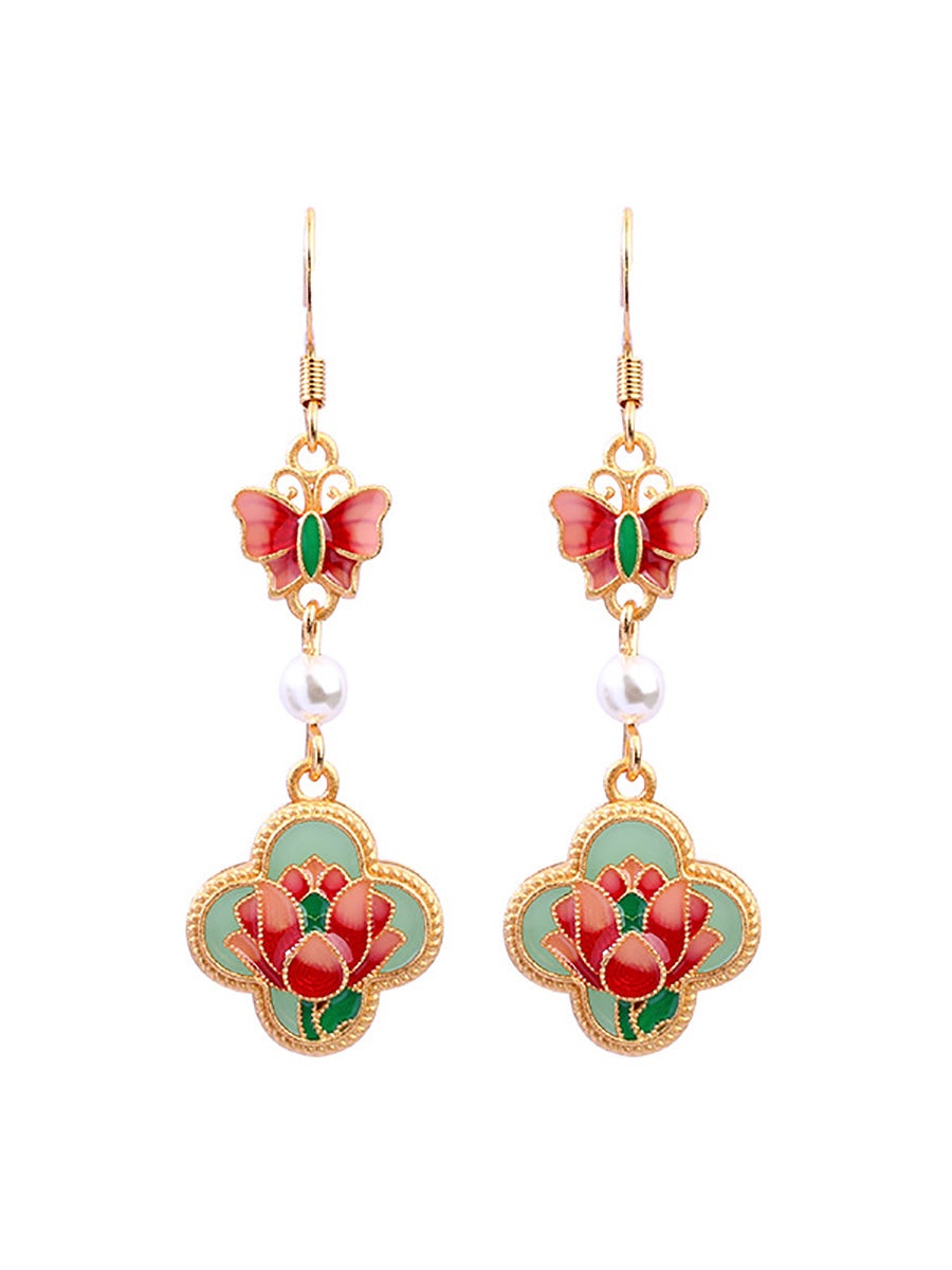 Boucles d'oreilles vintage en émail et perles pour femme, motif papillon et fleur, AH1086