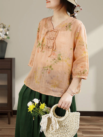 Women Summer Vintage Flower Buckle V-Neck Ramie Shirt HH014