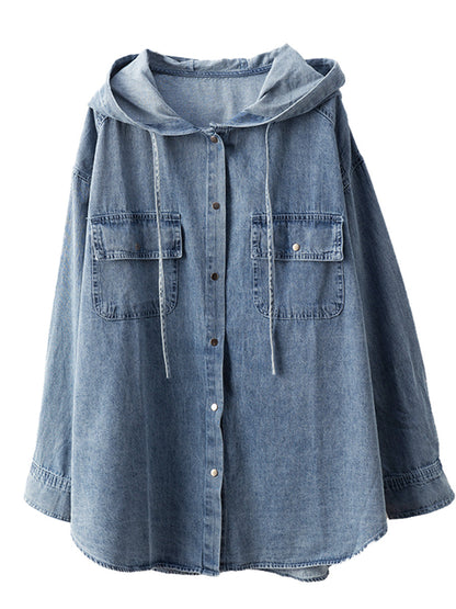 Women Casual Solid Autumn Pocket Denim Hooded Coat AT1026