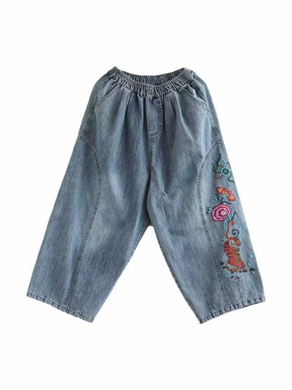 Women Artsy Flower Embroidery Denim Harem Pants AS1006