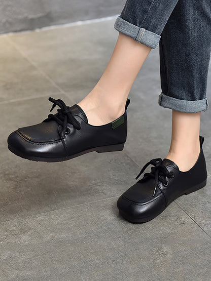 Women Summer Retro Solid Leather Square Toe Flat Shoes CX041