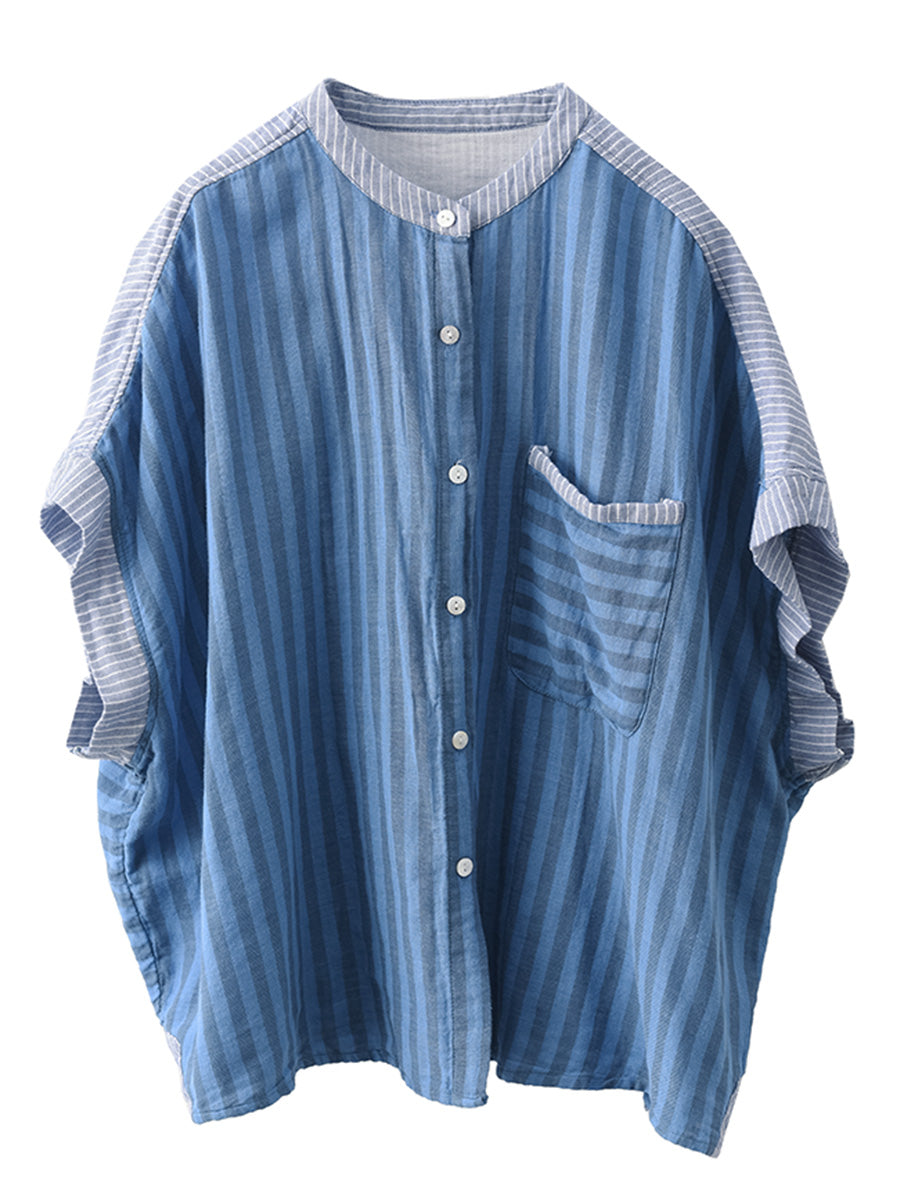 Women Summer Artsy Stripe Spliced Linen Shirt WE1039