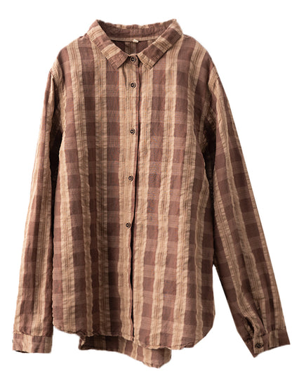 Women Autumn Vintage Plaid Button-up Linen Blouse AT1038