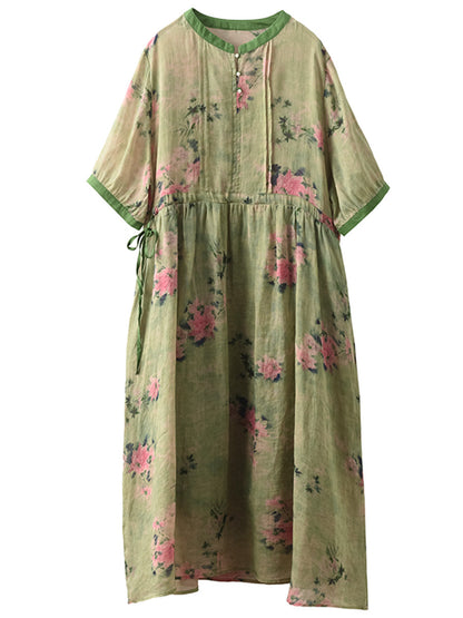 Women Summer Vintage Floral Strap Ramie Dress CX008