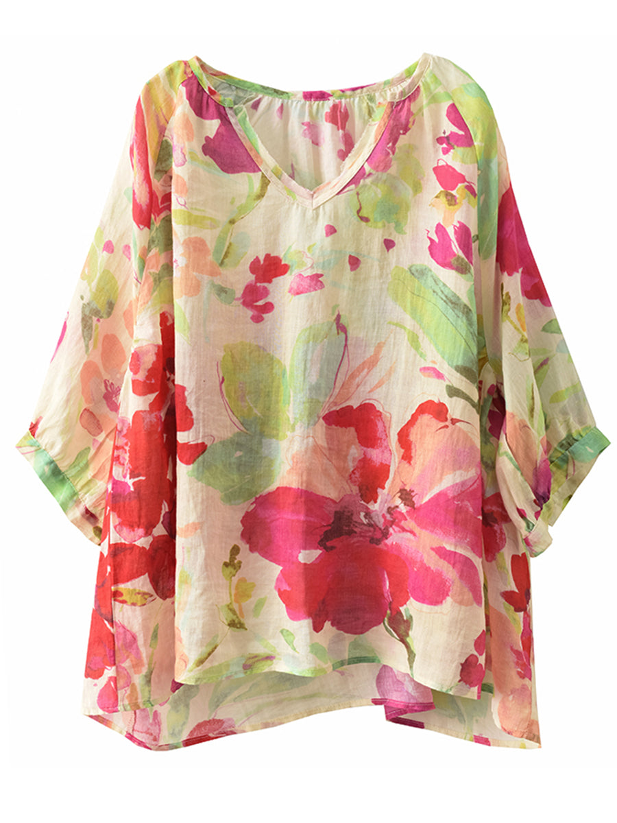 Chemise ample à col en V et fleurs d'été pour femmes OO1035