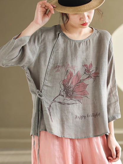 Women Spring Flower Vintage Strap Ramie Blouse PA1032