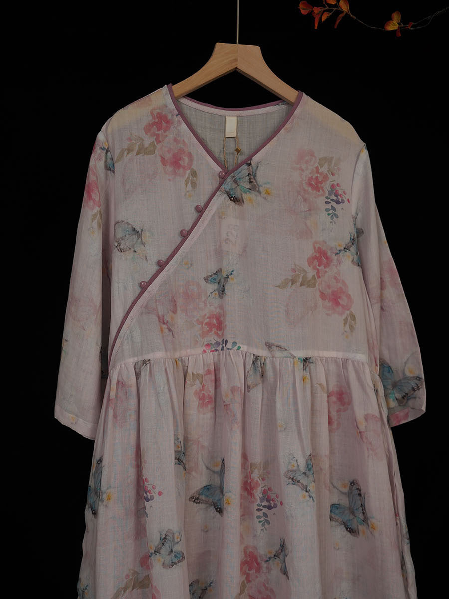 Robe ample à col en V et imprimé floral vintage pour femme, été, OP1033