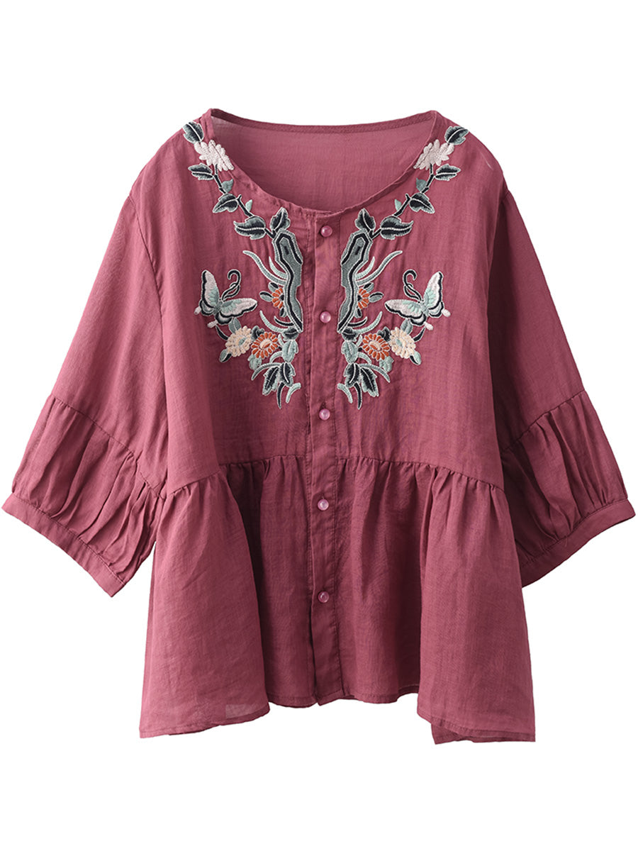 Chemise d'été en ramie avec broderies de fleurs ethniques pour femmes QW1015