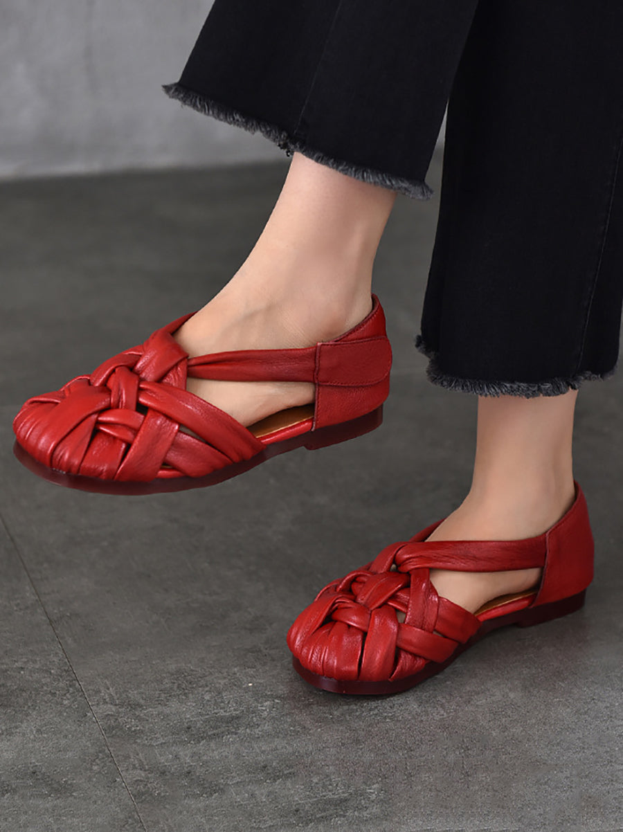 Sommer Leder Flache Retro Frauen Weben Echte Schuhe