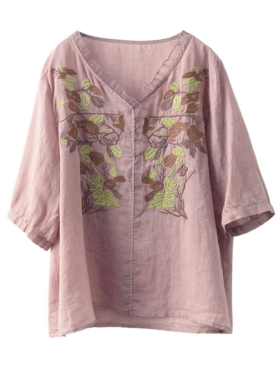 Chemise d'été vintage en ramie avec broderie florale pour femme FD044